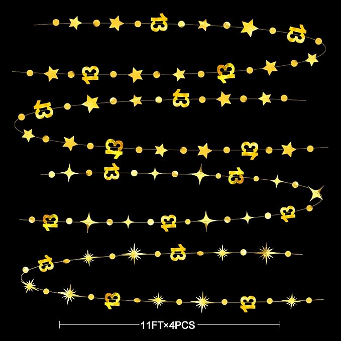 Gold 13th Birthday Decorations Number 13 Circle Dot Twinkle Star Garland Metallic Hanging Streamer Bunting Banner Backdrop Girls Boys 13 Years Old Birthday Thirteen Official Teenager Party Supplies