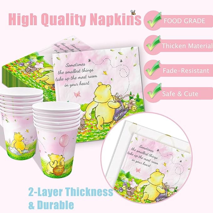 178pcs Pink Winnie Bear Baby Shower Pooh Party Supplies Decorations Oh Baby Plates and Napkins Tableware Set for Boys Girls Newborn Kids Cups Tablecloth Banner Birthday Decorations for 25 Guests