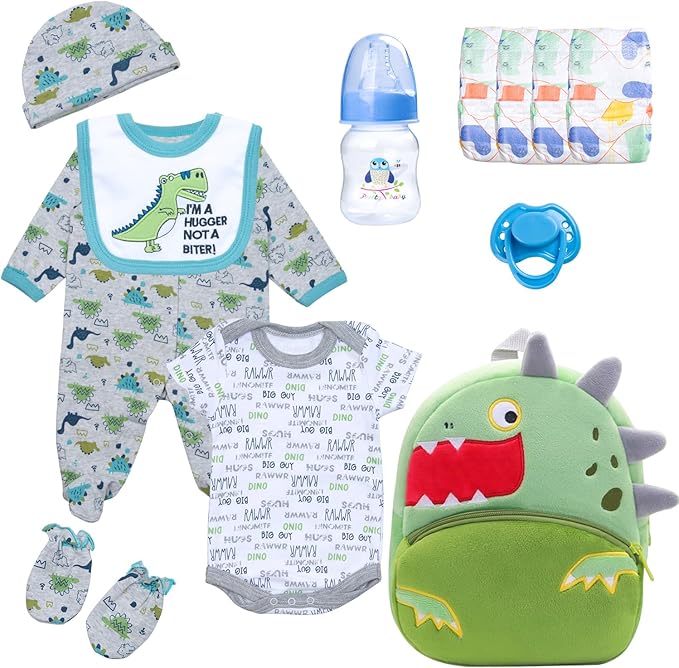 12 Pcs Reborn Baby Doll Accessories Boy 17-22 Inch Reborn Baby Boy Doll Clothes with Backpack Diapers, Cute Dinosaur Design, Babies Pretend Play Set
