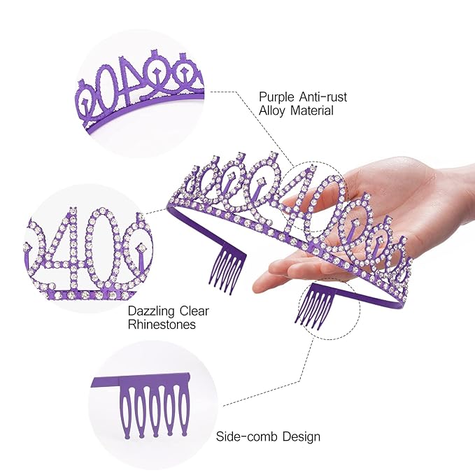 CIEHER Purple 40th Birthday Celebration Kit - 40th Birthday Sash and Tiara Set, Party Favors, Decorations and Cake Topper