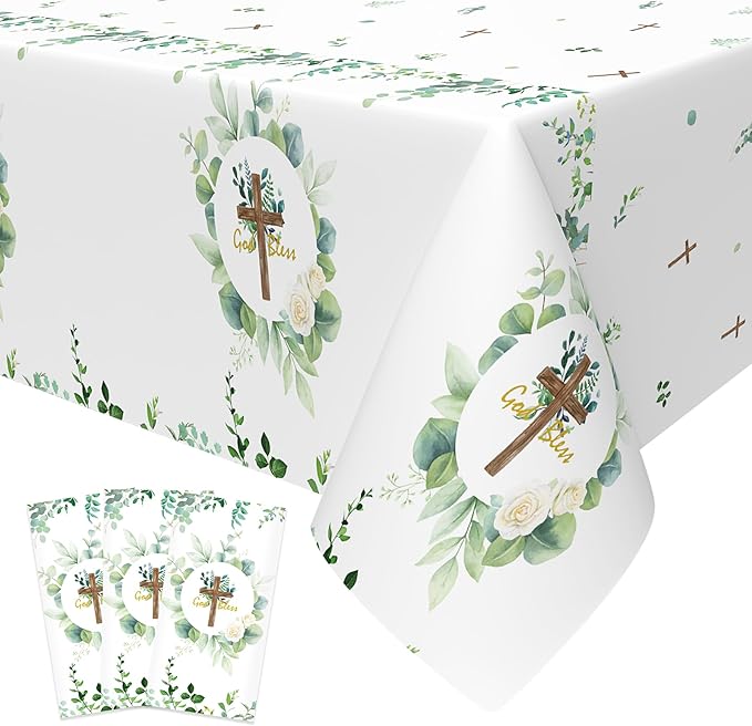 3Pcs God Bless Baptism Tablecloth, 54 x 108 Inch Eucalyptus Leaf Cross Religious Table Cover, Sage Green Plastic Tablecloth for Baby Showers, First Communion Decorations