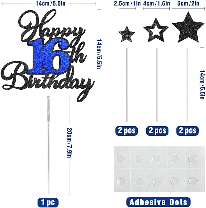 Happy 16th Birthday Cake Toppers, Black Blue Glitter Cake Decorations Set, 16th Birthday Decor, Birthday Anniversary Party Decorations Supplies