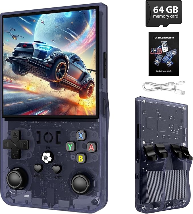 R36MAX Retro Handheld Game Console,64GB Open Source System Support 30+ Emulator Console,4.0 Inch IPS Screen Retro Gaming Console,4000mAh Battery,Video Game Console for Christmas-Transparent Grey