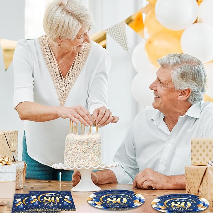 40PCS 80th Birthday Decorations forMen 80th Birthday Decorations Navy Blue and Gold Theme Party Supplies Include Plates and Napkins For 80 Years Old Party Supplies Gifts