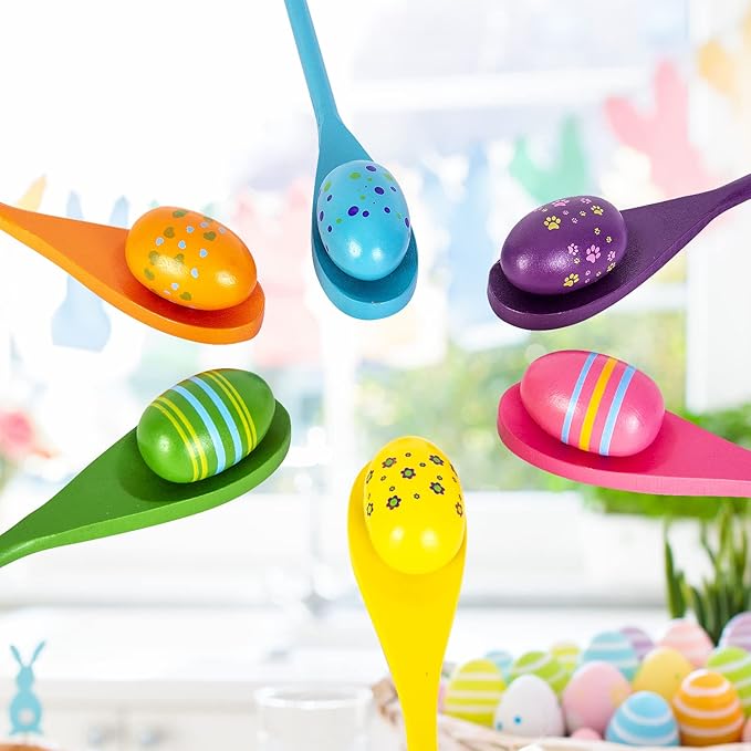 6 Players Easter Egg and Spoon Race Game Set, Easter Party Favor for Kids and Family Activity Lawn Games Party Supplies Outdoor Fun Games, Classroom Activities Easter Games