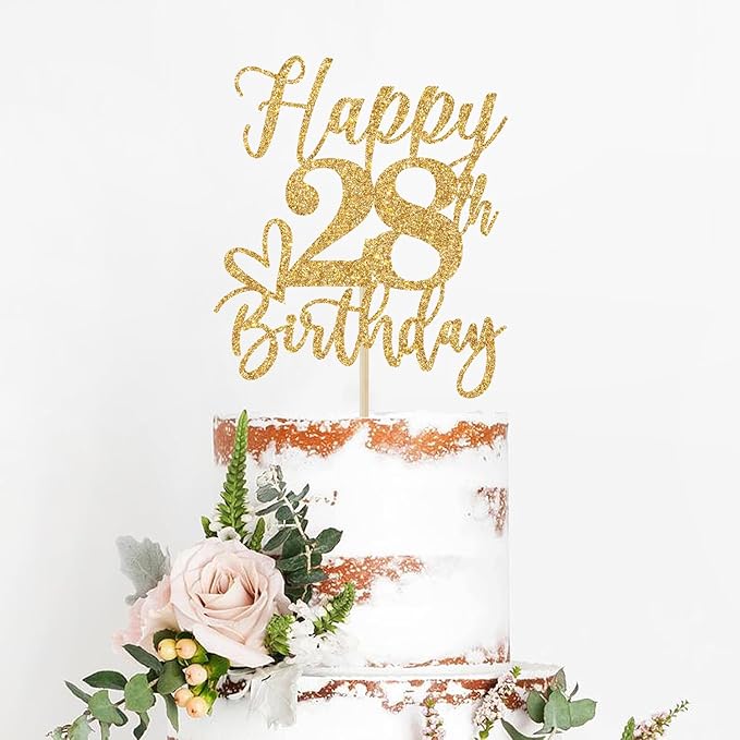 Happy 28th Birthday Cake Topper, 28th Birthday Decorations, Cheers to 28 Years, 28 Happy Birthday Party Supplies Gold Glitter