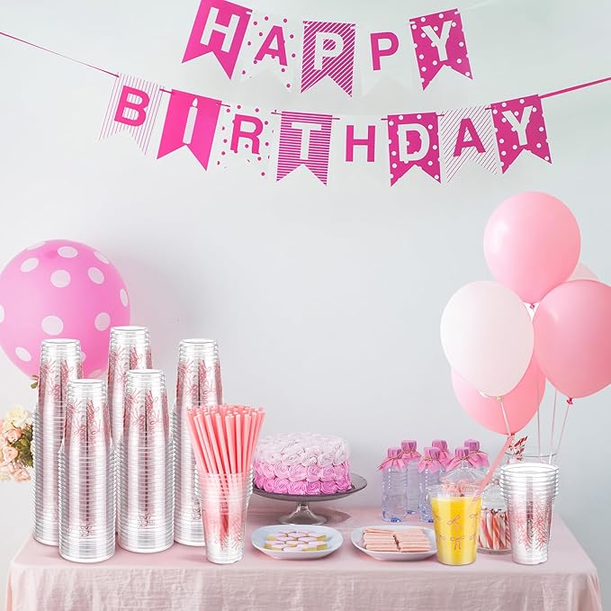 Qinyoung 100 Pcs 12 oz Pink Bow Plastic Cups with Paper Straws for Party Supplies Disposable Coffee Cups Pink Bowknot Drinking for Valentine Mother Baby Shower Birthday Wedding Bridal Party Decor