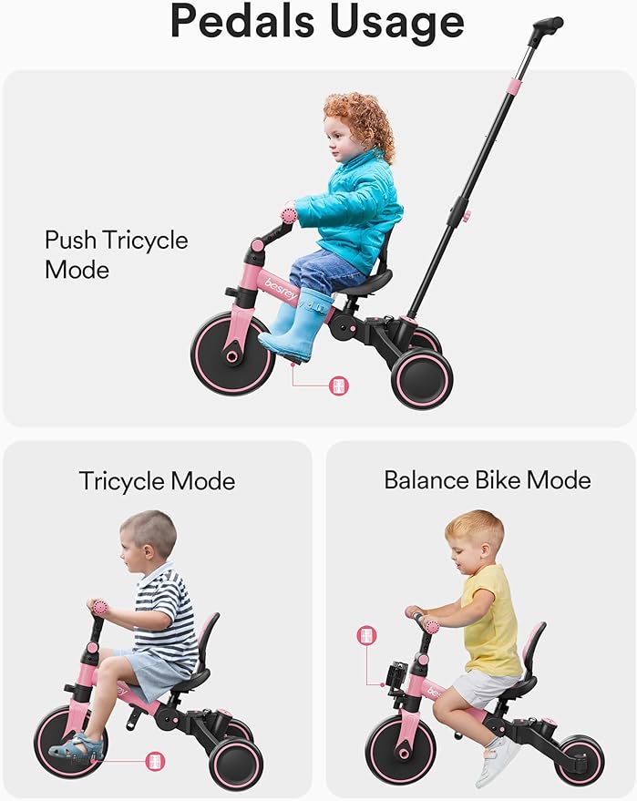 besrey 4 in 1 Toddler Bike, Toddler Tricycle for 1-3 Year Old, Trike with Push Handle, Backrest and Safety Belt, Birthday Gifts and Toys for Boys and Girls, Balance Bike