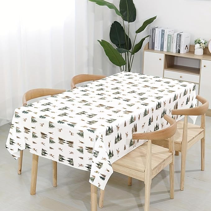 Winter Deer Table Cover - 3Pcs Watercolor Forest Flower Deer Pine Tree Disposable Plastic Rectangle Pack Merry Christmas Xmas Table Cloth Baby Shower Holiday Party Decor Decoration Supplies