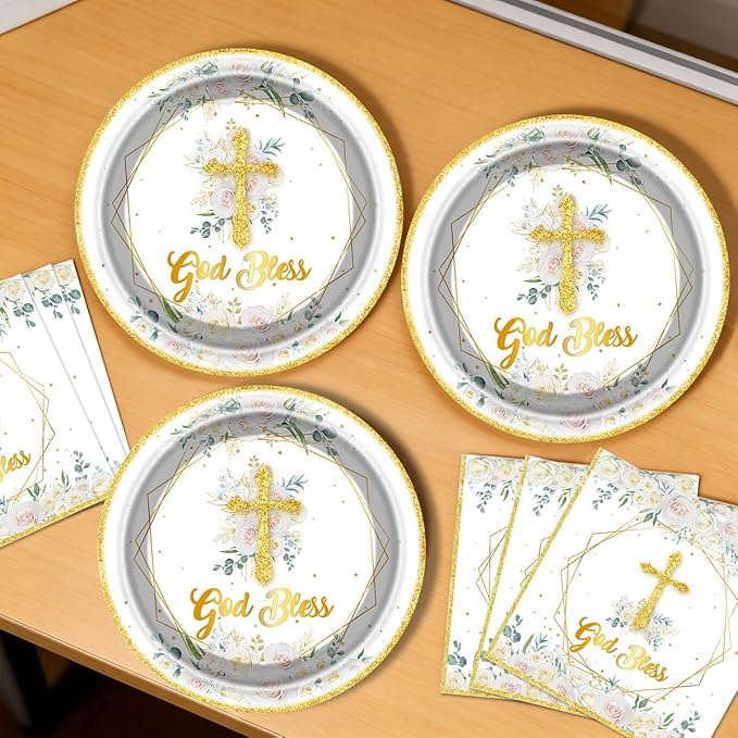 God Bless Plates and Napkins Baptism Theme Party Supplies, First Holy Communion 20 Plates, 20 Napkins for Newborn Baptism Church Cross Party Decoration