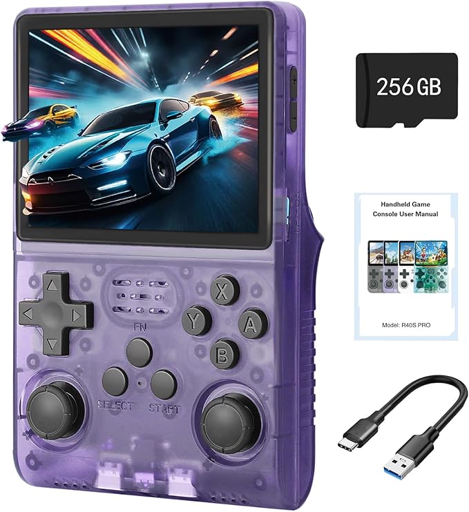 R40S Pro+ Handheld Game Console, 30000 in 1 Games Mini Retro Video Console, 3.5-Inch IPS Screen,256GB TF Memory Memory,Built in 45+ Emulators,3800mAh Battery (Transparent Purple 256G)