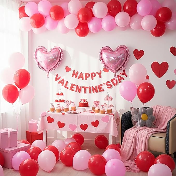 Red and Pink Balloons, Pink Red Pearl Pink Balloons with Heart Foil Balloon for Engagement Anniversary Wedding Party Supplies Valentines Day Decorations
