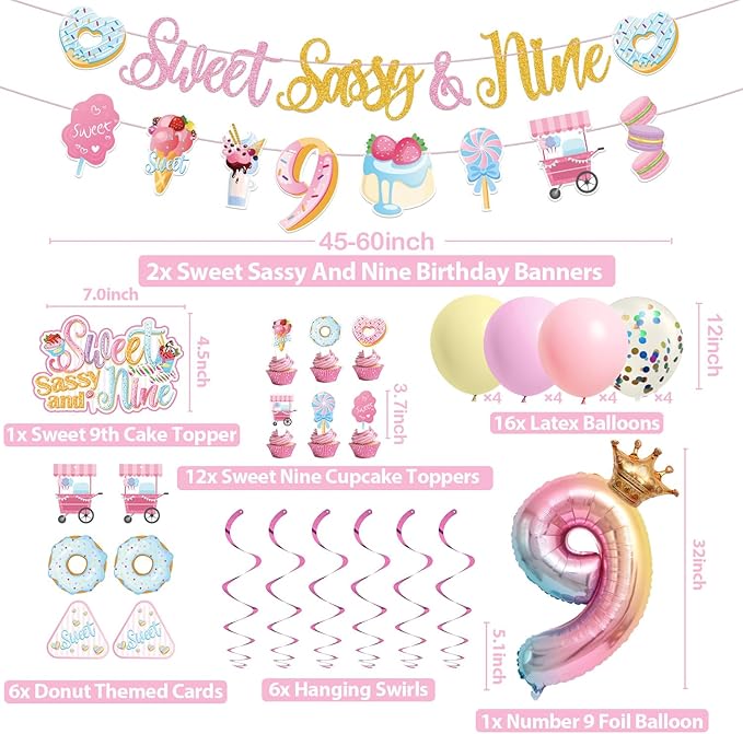 Sweet Sassy And Nine Birthday Decorations- 9th Birthday Decorations For Girls With Donut Banner Sweet Cake Topper 9th Foil Balloon For 9th Donut Themed Party Decor Sweet Nine Party Supplies