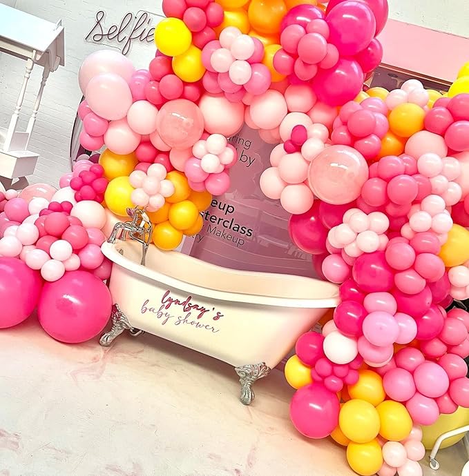 Pink and Yellow Balloons Garland Arch Kit 150Pcs - 5 10 12 18 inch Different Size Hot Pink Yellow Pastel Pink Balloons for Birthday Baby Shower Wedding Bee Bear Themed Party Decorations