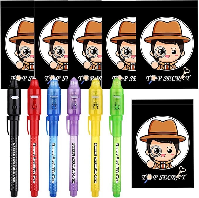 SCStyle 12 Pcs Party Favors | 6 Invisible Ink Pen and 6 Mini Notepads Spy Pen with UV Light Birthday Party,Writing Secret Information Easter Day Halloween Christmas Party Bag Gifts for Students