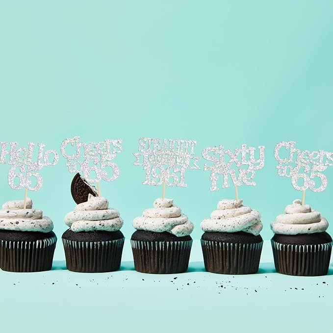 Ephlyn 24Pcs 65th Birthday Cupcake Toppers Glitter Straight Outta 1961 Cupcake Picks Hello 65 Cheers to 65 Years Cake Decorations for 65th Birthday Anniversary Party Decorations Supplies Silver