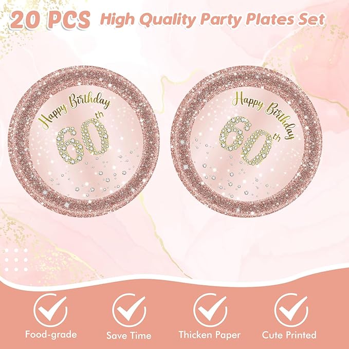 41Pcs 60th Birthday Decorations - Rose Gold Party Supplies Include Plates, Napkins and Tablecloth for Sweet Sixty Celebration