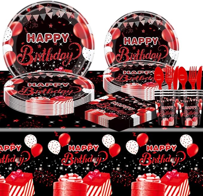 81PCS Red and Black Birthday Party Tableware Supplies Set, Red Party Confetti Sprinkles Happy Birthday Party Decorations