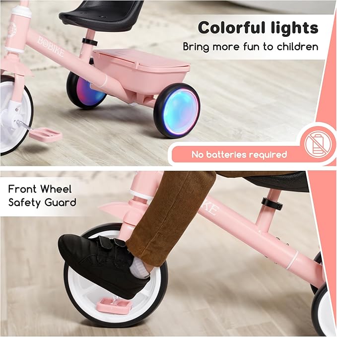 Bobike Toddler Tricycle for Ages 2-5 Years, Tricycle with 2 LED Light Wheels, Toddler Bike with 3-Position Seat and Rear Basket, Kids Bike Gift for Boys & Girl (Pink)