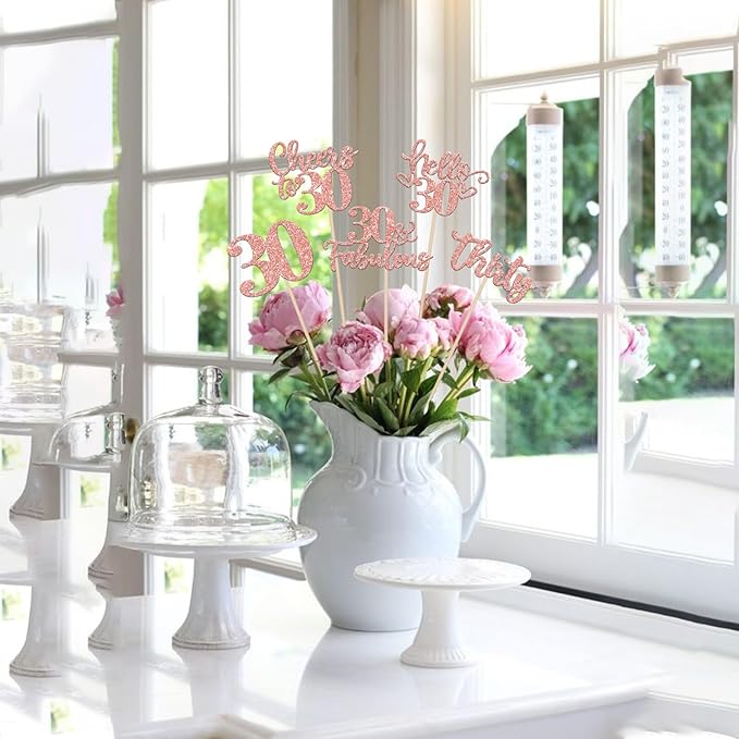 15PCS Happy 30th Birthday Centerpiece Sticks Thirty Hello 30 Cheers to 30 Table Flower Centerpieces Sticks 30 Fabulous Floral Decorations for Happy 30th Birthday Party Centerpieces Supplies Rose Gold