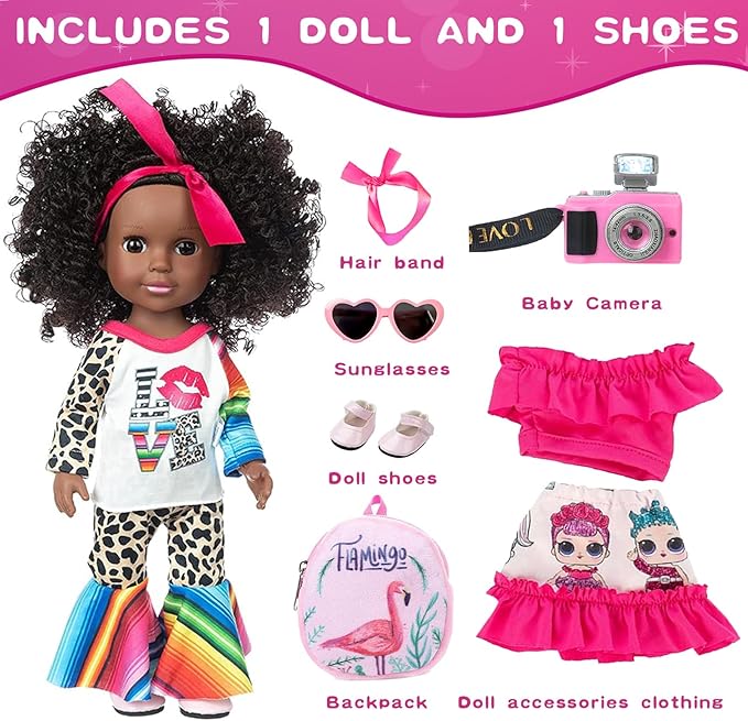 XFEYUE14.5 inch Black Doll and 2 Sets Clothes Accessories, African American Baby Girl Doll Including Glasses, Camera, Bag &Shoes for Kids Girls