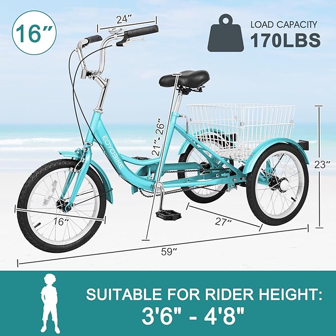 MOPHOTO 16 Inch Small Tricycle for Beginner Riders, Low Step-Through 3 Wheel Bike, Single Speed Trike with Hand Brakes, Adjustable Seat and Rear Basket, Fits Heights 3'9" to 4'9"