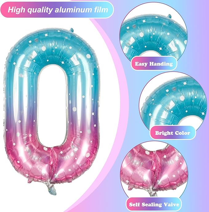 Mermaid Number 0 Balloons 40 Inch, Large Purple Teal Rainbow Number Balloons 0-9 Set, Starry 0 Mylar Foil Balloon Numbers for Girls Women Baby Shower Birthday Graduation Anniversary Party Decorations