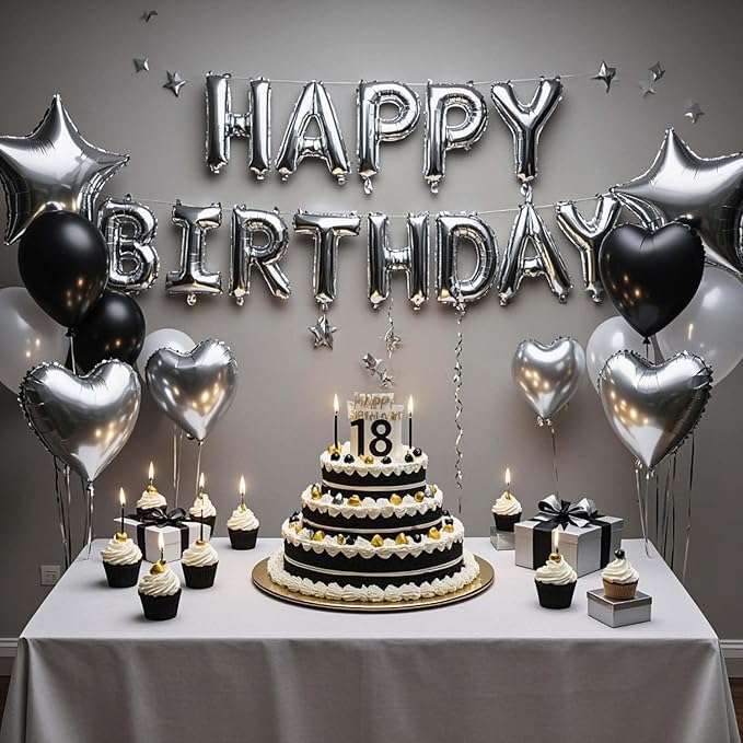 27 Pcs Silver Black Birthday Decorations, 3D Letters Silver Happy Birthday Balloon Banner, Pentagram Heart Foil Balloons Confetti Balloons Kit For Boys Girls Party Supplies