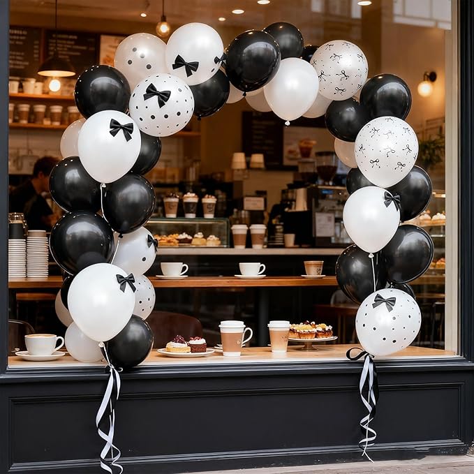 Black and White Bow Balloons, Pearl Black White Bow Print Latex Balloons for Women Girls Coquette Birthday Bachelorette Wedding Bridal Shower Engagement Anniversary Party Decorations