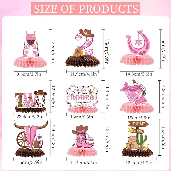 Gameza This Ain't My First Rodeo It's My Second Birthday Party Decorations, 9PCS Cowgirl 2nd Birthday Honeycomb Centerpieces Table Decorations, Western Rodeo Theme 2 Years Old Bday Decor for Girls