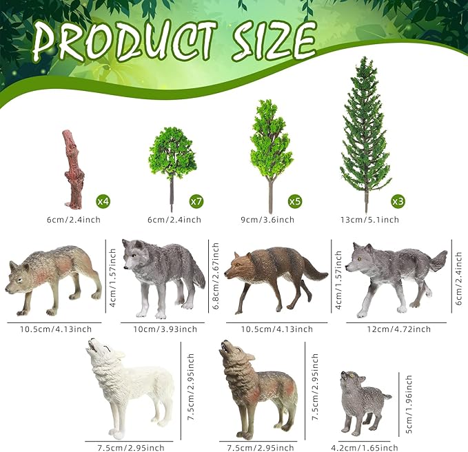 Sratte 26 Pcs Woodland Wolf Figurines Toys Small Wolf Figures with Model Trees Kit Playset Cake Toppers Diorama Project Kit for Kids Toddlers Birthday Gift Decor