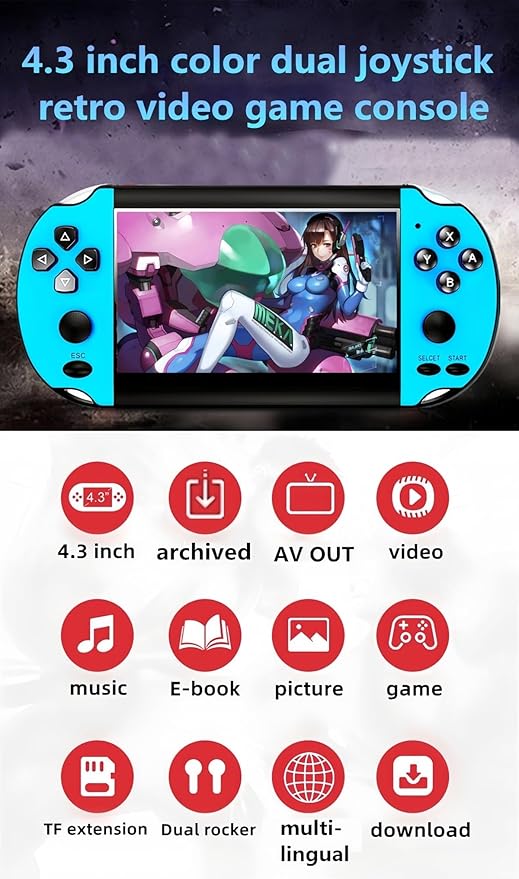 MP4 Video Game Console 4.3 inch Dual Joystick Built-in 3000 Retro Games Support Arcade CPS/gba/gbc/gb/SFC/fc Video/Music/E-Book AV Out Rechargeable Lithium Battery Children's Gift(Blue)