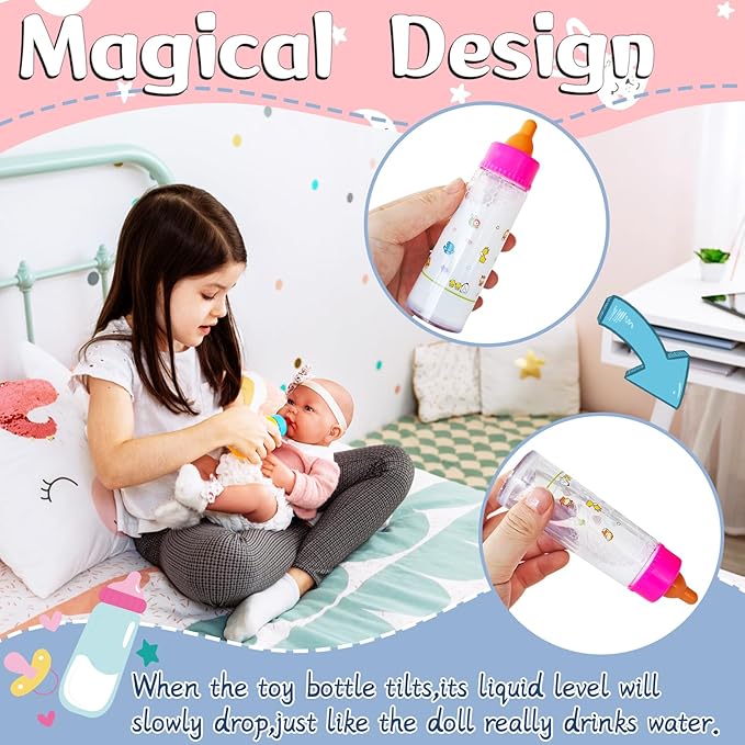 26 Pcs Baby Doll Accessories Magic Bottle Set,Pretend Play Feeding Toy Set with Package,Doll Feeding Set for Kids Girls,Magic Disappearing Juice Milk Bottles,Sippy Cups,Pacifiers,Bowl Spoons