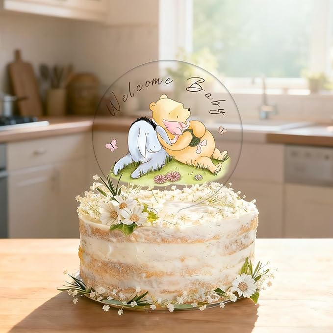 Classic Bear Cake Topper Acrylic 5x7" Vintage Style for Baby Shower Decorations, Winnie Themed Birthday Party Supplies, Oh Baby Welcome Home Cake Decor, Sturdy & Washable Keepsake