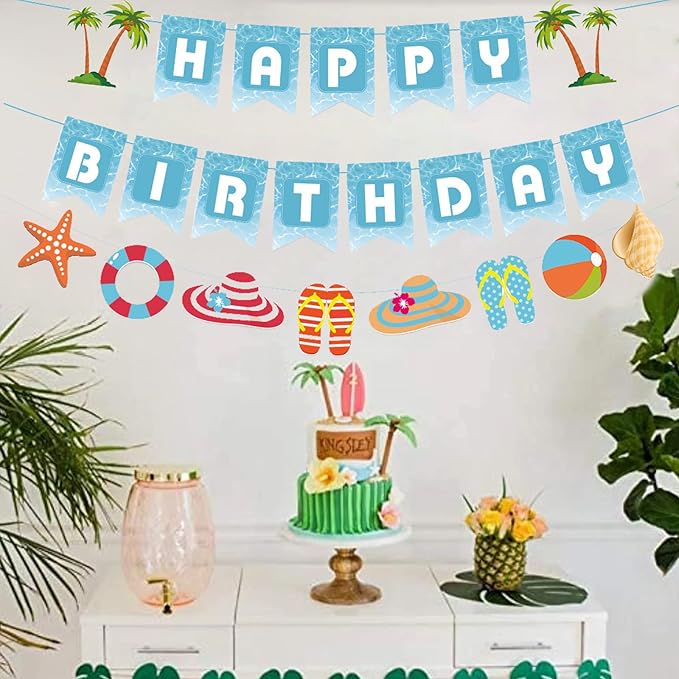 Zwiebeco Seaside Happy Birthday Party Decoration Blue White Sign Starfish Conch Hanging Paper Banner for Kids Adults Tropical Hawaiian Beach Pool Summer Accessories Supplies