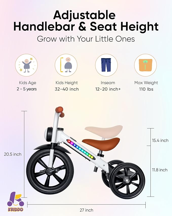 KRIDDO Kids Tricycle, 12 Inch Puncture Free Wheel w Front Light, Adjustable Seat Height, Gift for 2-5 Year Olds, WhiteLED