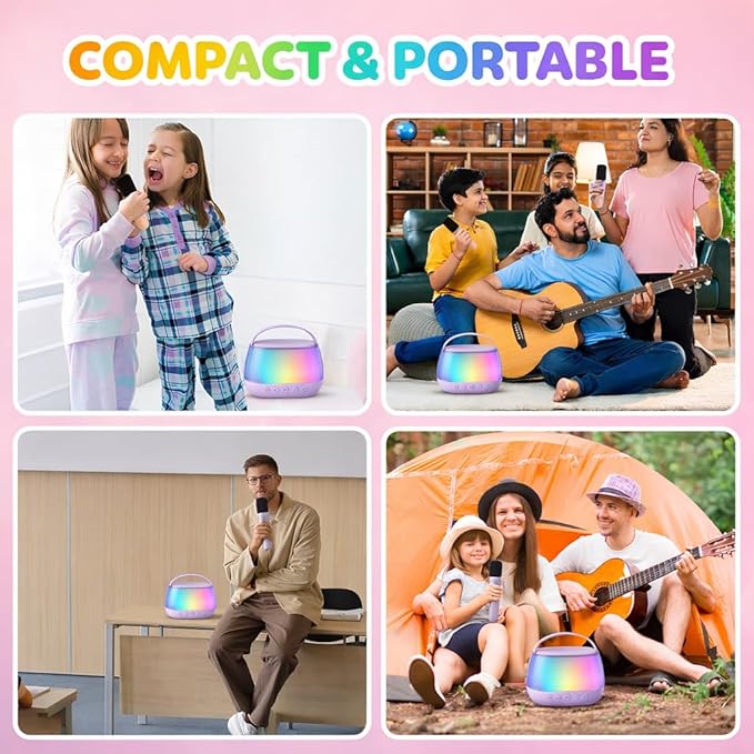 Kids Karaoke Machine with 2 Wireless Microphones, Bluetooth Speaker with Voice Changer & LED Lights, Portable Singing Toy Gift for Boys & Girls Ages 3–12