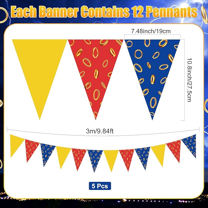 Hestya 5 Pcs 49 Ft Blue with Gold Ring Pennant Banner, Cartoon Themed Birthday Party Decor Video Games Triangle Flag Bunting Garland for Baby Shower Birthday Supplies