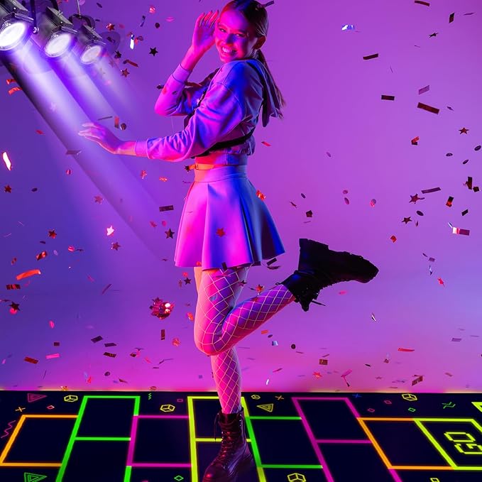 Haull 138 x 59 Inch Glow in The Dark Party Supplies Neon Party Decorations Light up Dance Floor Blacklight Rug UV Reactive Fluorescent for Carnival Birthday Wedding Favors(Hopscotch)