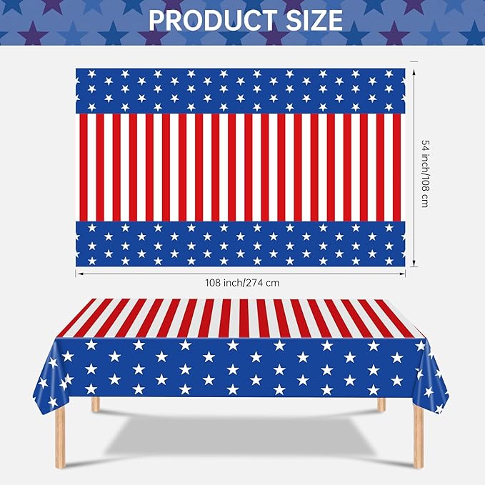2 Pack 4th of July Tablecloth - Patriotic American Flag Table Cloth, Plastic Disposable Rectangle USA Star Stripe Table Cover for Memorial day, Fourth of July Independence Day Decorations, 54" x 108"