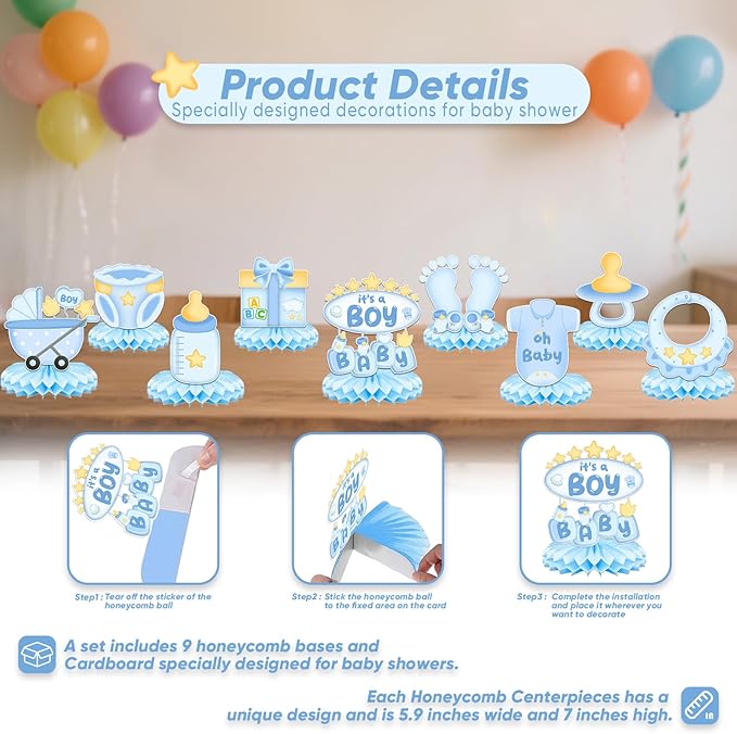 9Pcs Baby Shower Decorations Honeycomb Centerpieces for Boy, Cute Pattern It's a Boy Gender Reveal Table Centerpiece, Gender Reveal Party Supplies (Blue)