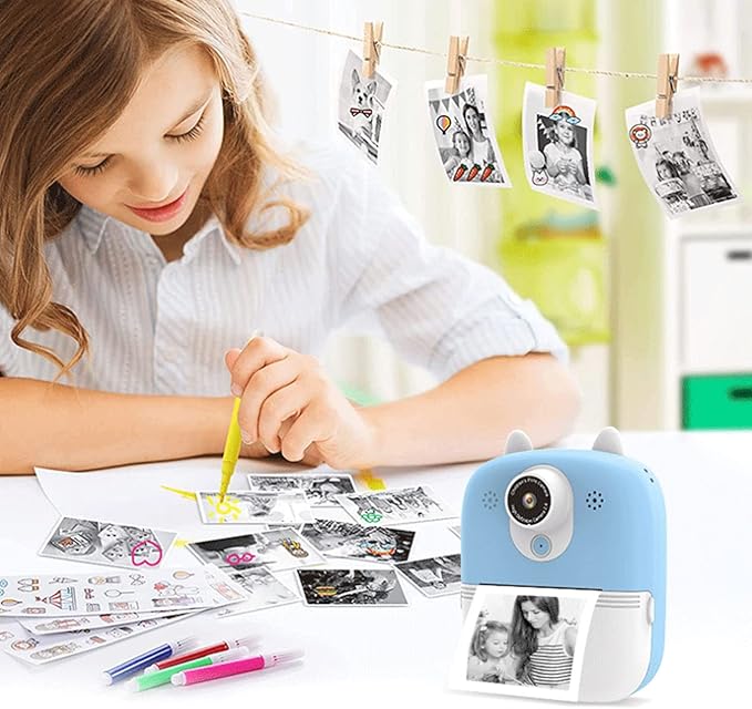 Digital Print Camera for Kids, 1080P Instant Camera for Children, Kids Camcorder Toddler Camera with Print Paper, Support Automatic Focus (Blue Green)