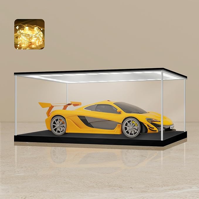 LANSCOERY Acrylic Display Case with Adjustable Yellow/White/Warm LED Light, UV Protection Clear Display Box, Dustproof Showcase for Action Figures, Models, Collectibles - 7.1x4.7x4.7inch