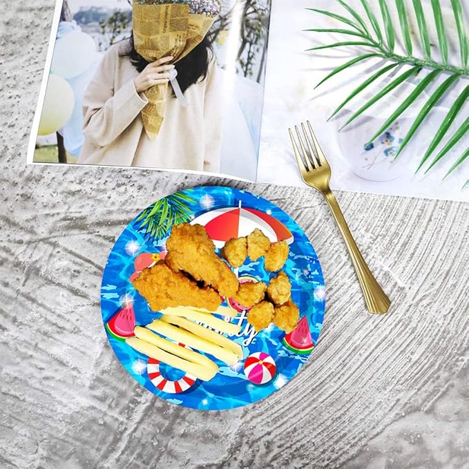 50 Pcs Pool Party Tableware Plates,Pool Party Supplies Beach Party Supplies,7"Summer Pool Party Paper Plates for Summer Beach Theme Pool Birthday Party Decorations