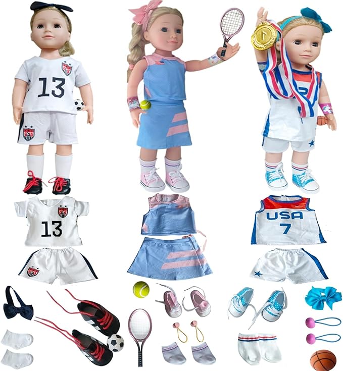 18 inch American Doll Clothing Accessories, USA Team Girls Soccer, Basketball, Tennis Clothing, Competition Training Doll Clothes kit, Dolls are not Included (Football, Basketball, Tennis)