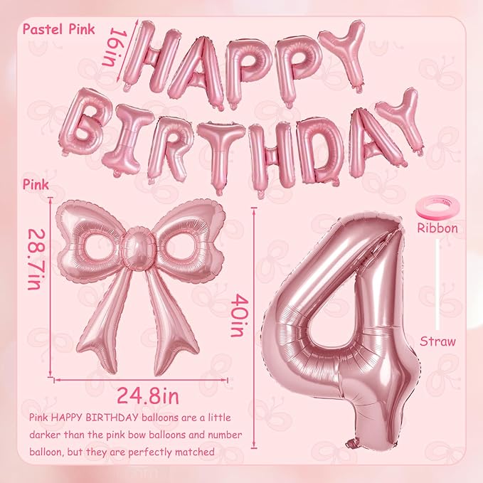 Bow Number 4 Birthday Balloons, 40" Pink Aluminum Foil Balloons Happy Birthday Balloon for Girl 4th Birthday Party, Princess, Coquette Party Decorations Supplies