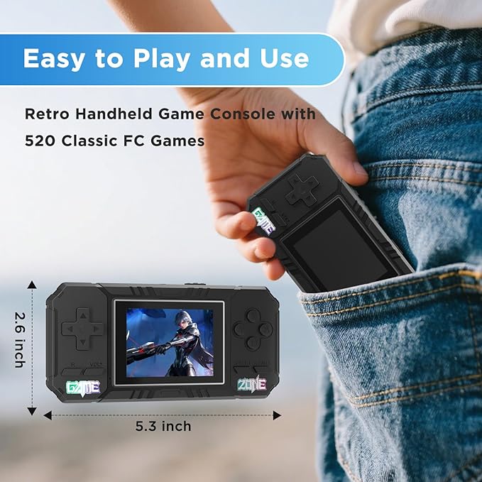 Handheld Portable Game Console, 520 Retro Video Games, 3.0 Inch LCD Screen and 1020mAh Battery Video Games, Portable Game Console Gift for Boys and Girls (Black)