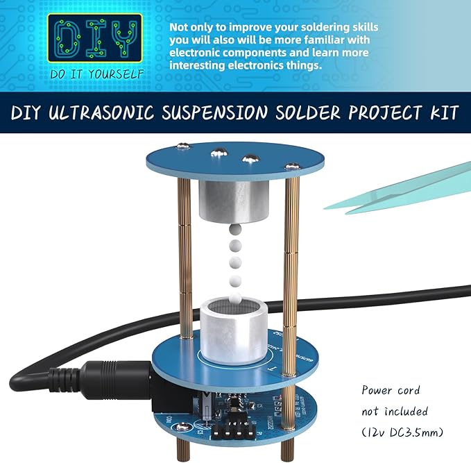 Electric Ultrasonic Levitator Kit, Soldering Projects Mini Cool Acoustic Levitator, Learning Teaching STEM Education Ideal Gift for Family and Friends, Come with 12V Power Supply (Blue with Power)