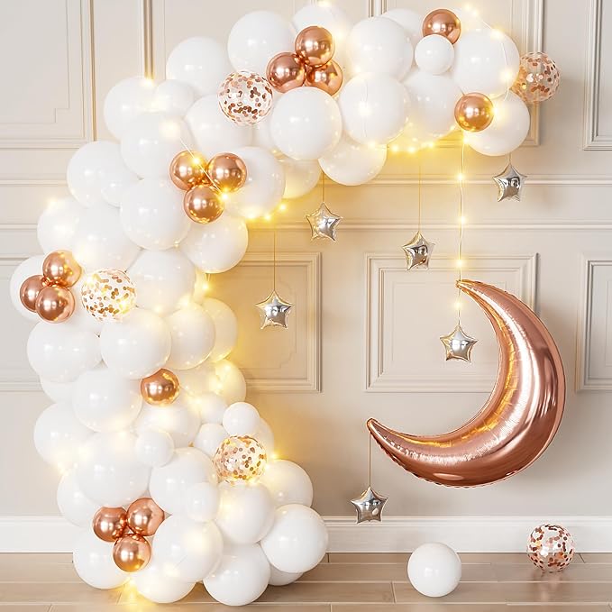Rose Gold and White Balloons - Retirement Balloons with String Lights Moon and Star Balloon Rose Gold Party Decorations for Women Baby Shower Twinkle Twinkle Little Star Gender Reveal Party Supplies