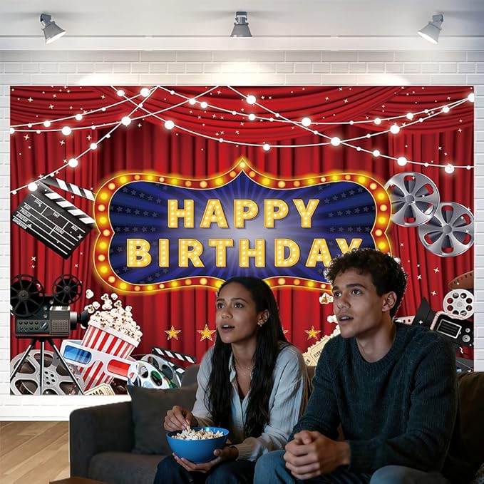 Movie Night Happy Birthday Backdrop Decorations Banner Movie Night Photo Background for Home Indoor Outdoor Birthday Party Decorations Supplies 70.8 x 47.2 Inch